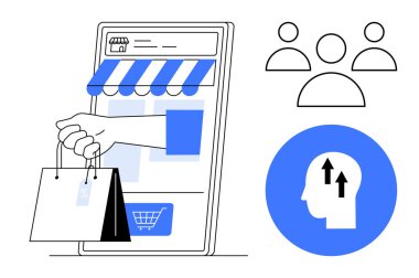 E-ticaret konsepti. E-ticaret, online alışveriş, müşteri ilişkileri ve kullanıcı davranışları ile gösterildi. E-ticaret dijital işlemleri yönlendirir ve müşteri deneyimlerini geliştirir