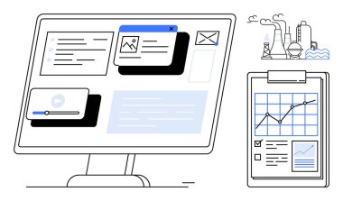 Bilgisayar monitörü verileri, grafikleri ve endüstriyel bitki silueti ve pano izleme performans ölçülerine sahip medyayı gösteriyor. Analiz, teknoloji, raporlama, enerji ve iş için ideal
