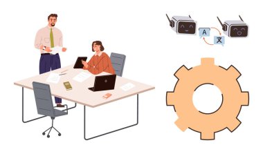 Bir masada dizüstü bilgisayar ve belgelerle çalışan iki iş arkadaşı, dil çevirisi için yapay zeka arayüzü ve otomasyonu sembolize eden bir dişli. Takım çalışması, yapay zeka, otomasyon, çeviri, iş akışı için ideal