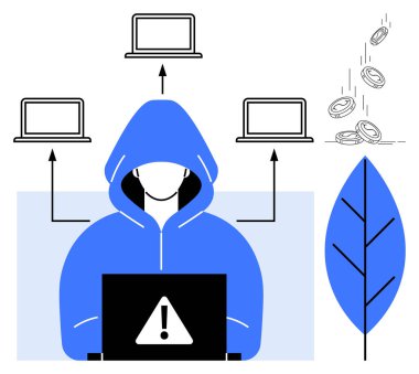 Uyarı işareti olan bir dizüstü bilgisayarın kapüşonlu figürü, birden fazla bilgisayar ve dijital madeni paraya bağlı. Siber güvenlik, hackleme, dolandırıcılık, çevrimiçi güvenlik, dijital hırsızlık, veri koruması, basit bir daire için ideal