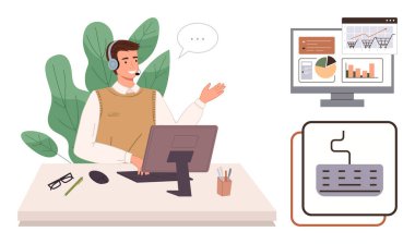 Masadaki kulaklıklı adam bilgisayarla müşterilerle konuşuyor. Masa başlıkları, analiz çizelgeleri, klavye. Müşteri desteği, uzaktan çalışma, e-ticaret, danışmanlık, yardımcı takım çalışması için ideal basit bir daire