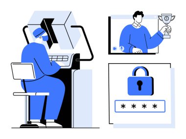 Bilgisayarda çalışan bir adam, güvenli şifre giriş ekranı ve elinde kupa tutan sanal takım arkadaşı. Veri koruması, takım çalışması, dijital güvenlik, teknoloji, bilişim çözümleri ve çevrimiçi uzaktan çalışma için ideal