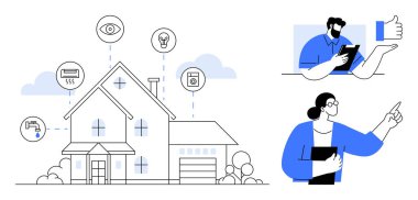 İki karakter tarafından gösterilen insan etkileşimi ile akıllı cihazlara bağlı modern ev. Ev otomasyonu için ideal, IoT sistemleri, teknoloji benimsenmesi, güvenlik, kolaylık, dijital yaşam tarzı, basit