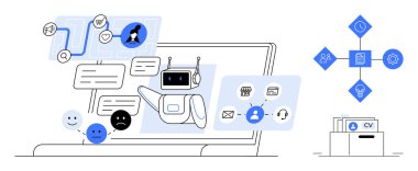 Al sohbet robotu. AI sohbet robotu işe alma görevlerini ve müşteri destek etkileşimlerini yönetiyor. Kullanıcı bağlantısı, veri işleme ve otomasyon için yapay zeka sohbet robotu. İnsan kaynakları, yardım masası ve teknoloji için mükemmel.