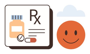 İçinde haplar, ilaç şişesi ve bulutların altında gülümseyen bir yüz olan reçete defteri. Sağlık, sağlık, eczacılık, memnuniyet, ilaç tedavisi, akıl sağlığı için idealdir. Basit düz