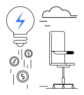 Yıldırımlı ampul yeniliği simgeler, madeni paralar karı simgeler, iş odaklı ofis koltuğu. Yenilik için ideal, yaratıcılık, üretkenlik, iş büyümesi, işyeri verimliliği, mali