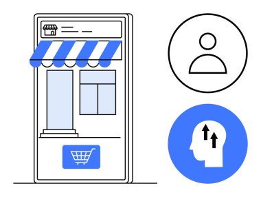 E-ticaret konsepti. E-ticaret bir mobil mağaza arayüzü, bir kullanıcı profili simgesi ve büyüme odaklı bir zihniyet silueti görselleştirir. E-ticaret bir iş aracı olarak, çevrimiçi perakende, strateji, müşteri