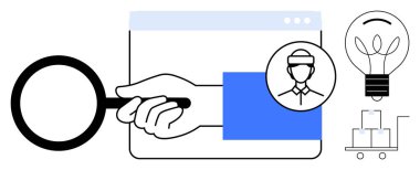 El ele tutuşan büyüteç, tarayıcı penceresi, işçi avatarı, ampul ve kutularla dolu el arabası. Araştırma, yenilik, lojistik, problem çözme e-ticaret beyin fırtınası için ideal