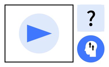 Medya kavramları. Bir çalma tuşu, soru işareti ve yenilik sembolü yaratıcılık ve dijital iletişimin keşfi. Medya fikirleri, problem çözmeyi ve teknolojik gelişmeleri birbirine bağlar. Canlı yayın için