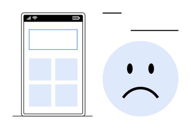 Mobil uygulama hüsranı. En az akıllı telefon görüntüsü ve uygulama performansı, işlevselliği veya tasarımı olan üzgün yüz kullanıcı hüsranı. UX çalışmaları, uygulama tasarımı, sorun giderme için
