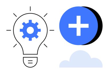 Yenilik kavramı. Vites ampulü, artı sembol ve bulut ikonu yenilikçi fikirler, teknoloji güdümlü büyüme ve dijital çözümler. Bilgisayar, takım çalışması, problem çözme teknolojilerinde yenilik
