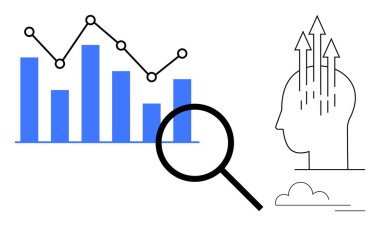 Veri analiz konsepti. Grafikler ve büyüteç kullanan veri analizi iş büyümesine ve stratejik anlayışlara odaklanır. Veri analizi faydaları finansman, pazarlama, karar verme, strateji