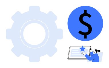 Vites, mavi dolar işareti, ve tabletteki kişi çalışmanın, gelirin, dijital araçların, yeniliğin, verimliliğin, planlamanın ve başarının birbirine bağlılığını vurguladı. Basit bir düz metafor.