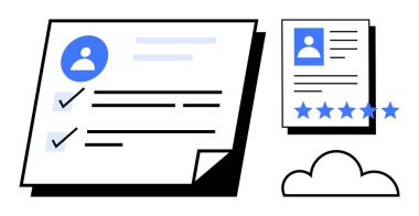 Kontrol işaretli profil sayfası, beş yıldızlı değerlendirme belgesi ve çevrimiçi veri koruması, dijital doğrulama ve bulut depolamasını temsil eden bulut simgesi. Kimlik yönetimi, İK, işe alım için ideal