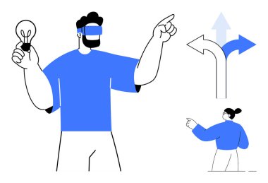 Sanal gerçeklik kulaklığı olan adam ampulü tutuyor ve fırsatları keşfetmek için ileriye bakıyor. Bir kadın yol ayrımında gözlem yapıyor. Yenilik, yaratıcılık, liderlik, karar verme, teknoloji için ideal