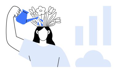 Kişisel gelişim. Kafadan büyüyen bitkileri sulayarak fikirleri besleyen bir kadın. Kişisel büyüme, olumlu alışkanlıklar, kişisel bakım, farkındalık, yaratıcılık, motivasyon