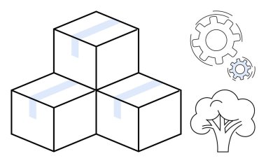 Düzgünce istiflenmiş kutular, dişli simgeleri süreci ve verimliliği sembolize ediyor, sürdürülebilirliği temsil eden bir ağaç. Lojistik, çevre, taşımacılık, verimlilik, eko uygulamaları için ideal