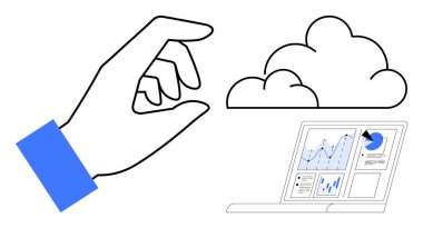 Buluta doğru uzanan bir el, grafikleri ve çizelgeleri olan bir laptop. Bulut hesaplama, veri analizi, dijital çözümler, teknoloji, uzaktan çalışma, bilişim hizmetleri, basit düz metafor