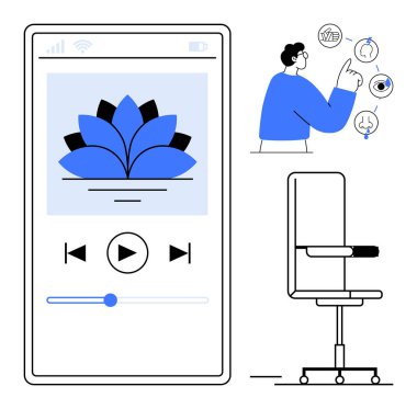 Nilüfer çiçeği içeren mobil meditasyon uygulaması ekranı, çalma kontrolleri ve sağlıklı olma seçeneklerini araştıran kullanıcı. Farkındalık, üretkenlik, sağlık, rahatlama, kişisel bakım, dijital araçlar için ideal
