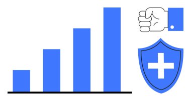 Büyümeyi gösteren çizelge, sağlık korumasını temsil eden mavi kalkan ve güçlendirmek için bir yumruk. Sağlık, başarı, güvenlik, esneklik, ilerleme ve çözümler için ideal güç
