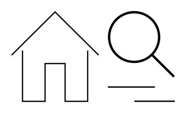 Büyüteç ve yatay çizgilerle eşleştirilmiş basit bir ev çizimi. Gayrimenkul, mülk arama, ev teftişi, araştırma, basitleştirme, odaklanma, minimalizm ve basit düz metafor için ideal