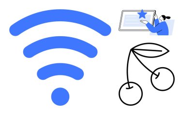 Kablosuz sinyal, tabletteki dijital içerikle ilgilenen kişi, kirazlar. Teknoloji için ideal, çevrimiçi etkileşim, İnternet erişimi, öğrenme, iletişim, üretkenlik yaşam tarzı
