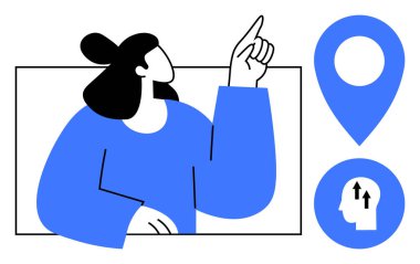 Navigasyon konsepti. Bir insan konum ve zihinsel sembollerin yanında bir yöne doğru hareket eder. Kişisel gelişim için yön bulma, stratejik planlama, karar verme ve yön belirleme. Uygun.