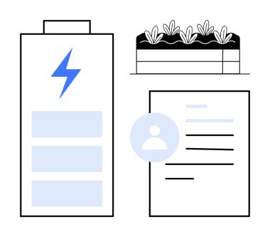 Yıldırım ikonlu pil, bahçe yatağında çevre dostu yeşillik ve profil temalı belge. Sürdürülebilirlik, enerji, biyomühendislik, dijital kimlik, çevresel bakım, yenilik için ideal