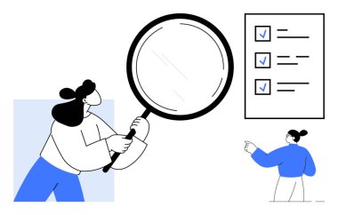 Elinde büyüteç olan bir karakter kontrol listesini inceliyor, bir diğeri işaret ediyor. Analiz, takım çalışması, verimlilik, kalite kontrol, araştırma, odaklanma değerlendirmesi için ideal. Basit düz metafor