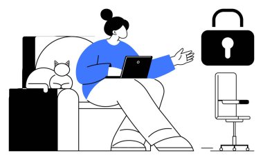 Dizüstü bilgisayarlı bir kanepede oturan bir kadın, asma kilit ikonuna doğru işaret ediyor. Kedi yakınlarda dinleniyor. Sandalye görünür. Uzaktan çalışma, siber güvenlik, çevrimiçi mahremiyet, ev ofisi, serbest dijital