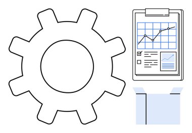 İşlem için vites, veri ve grafik analiziyle pano raporu, yenilik için açık kutu. Süreç, strateji, planlama, geliştirme, takım çalışması, mekanik basit düz
