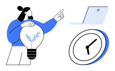 Kadın elinde bir yaprak olan ampulü tutarken dizüstü bilgisayarı işaret ediyor. Saat de saati gösteriyor. Yaratıcılık, ekolojik bilinç planlaması, yenilik, üretkenlik, zaman yönetimi, uzaktan kumanda