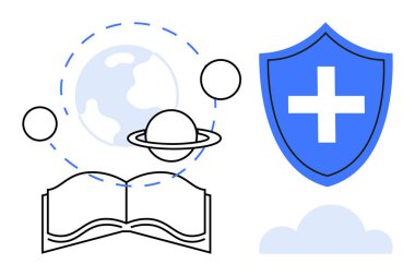 Gezegen sembollerinin olduğu açık bir kitap, bir haçlı mavi kalkan ve bir bulut. Eğitim, bilim, keşif, sağlık, koruma, güvenlik fütüristik kavramları için idealdir.