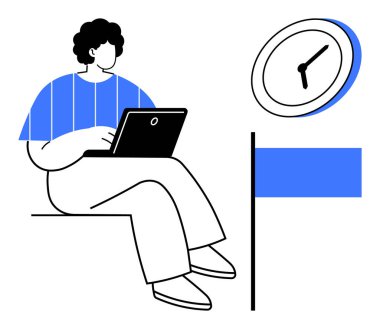 Oturan, dizüstü bilgisayar kullanan, yanında saat ve bayrak olan kişi. Zaman yönetimi, hedef belirleme, verimlilik, uzaktan çalışma, eğitim planlama motivasyonu için idealdir. Basit bir düz metafor.