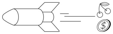 Roket, vişne ve bozuk paraya doğru hızla ilerliyor. İş, büyüme, girişim tutkusu, finansal başarı, hedef başarı, motivasyon, basit düz metafor