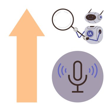 Ses sinyali ikonu ve okun yanında büyüteç tutan robot büyümeyi, analizi ve yapay zekayı simgeliyor. Teknoloji, yenilik, veri, yapay zeka, ses arama otomasyonu ve trendler için idealdir. Basit.