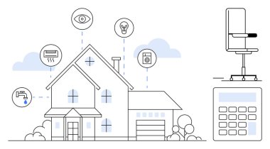 Ev akıllı cihazlara, sandalyeye, hesap makinesine bağlı. Teknoloji, yenilik, akıllı yaşam, enerji tasarrufu, ev verimliliği kontrol sistemleri için ideal. Basit düz metafor