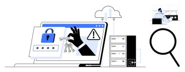 Bilgisayarda kilit ve uyarı işaretleri, el ele tutuşan anahtarlar sunucu kulesi, bulut ve büyüteç var. Siber güvenlik, hackleme, veri koruması, çevrimiçi güvenlik ve risk azaltma için ideal