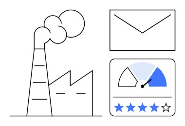 Sanayi konsepti. Sanayi, e-posta iletişimi ve müşteri memnuniyet oranlarıyla eşleştirilmiş bir fabrika. Endüstri verimliliği ve müşteri etkileşimini ön plana çıkarıyor. İş için ideal
