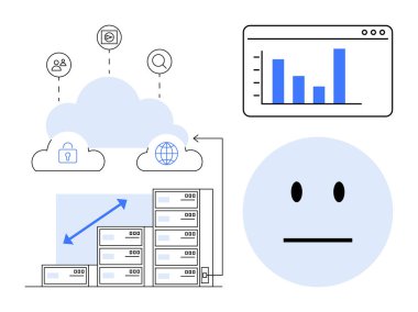 Sunucuları olan bulut depolama, analiz çizelgesi ve ölçeklenebilirlik, analiz ve güvenlik için bağlı elementler. Veri yönetimi, bulut hesaplama, ölçeklenebilirlik, analitik güvenlik için ideal