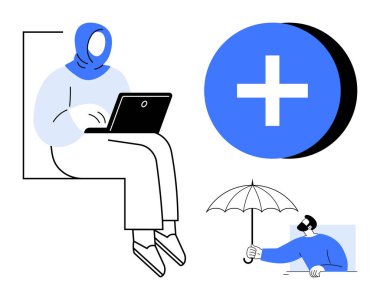 Uzaktan kumanda. Bir dizüstü bilgisayar kullanıcısı, sağlık sigortası sembolü ve korunmak için şemsiye ile uzaktan çalışma sahnesi. Çeşitli işyeri kültürünü ve desteğini desteklemek için uzak çalışma. İnsan kaynaklarına ve sağlığa elverişli.