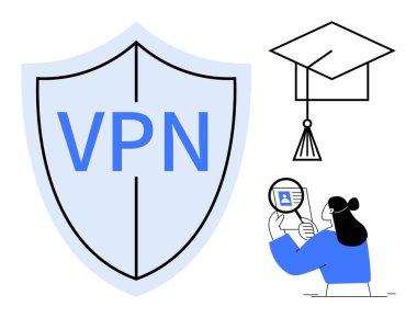 VPN konsepti. VPN kalkanı çevrimiçi güvenlik ve mahremiyeti ön plana çıkarıyor. Kişisel veri korumasına bağlı kimlik doğrulaması. siber güvenlik, eğitim, güvenli çevrimiçi etkileşimler ve güvenli tarama