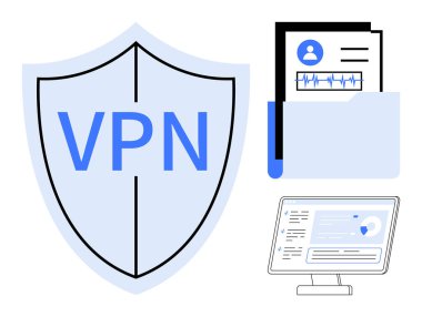 Çevrimiçi güvenlik için VPN kalkanı monitörde dijital gösterge paneli ve kullanıcı dosyalarının olduğu klasör. Siber güvenlik, veri koruması, internet gizliliği, dijital güvenlik farkındalığı, uzaktan erişim, bilişim için ideal
