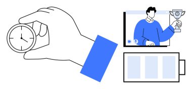 El ele tutuşan saat, video çağrısında kupayla kutlama yapan kişi ve pil seviyesi ikonu. Üretkenlik, zaman izleme, uzaktan çalışma, verimlilik araçları, iş motivasyonu, başarı için ideal