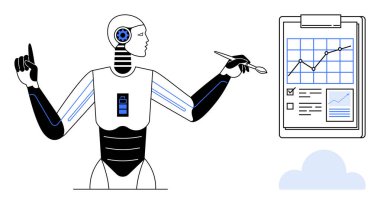 Robot bir kalem tutuyor, grafikler ve çizelgelerle panodaki verilere bakıyor. Yapay zeka, teknoloji, veri analizi, otomasyon, yenilik, araştırma dijital dönüşüm için idealdir. Basit düz metafor
