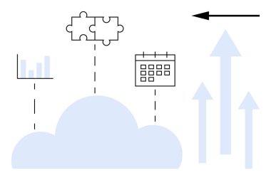 Bulut hesaplama konsepti. Veri analizi, bulmaca entegrasyonu ve takvim zamanlaması içeren bulut hesaplaması. Bulut hesaplama inovasyonu, iş büyümesi ve verimlilik. Uygun.