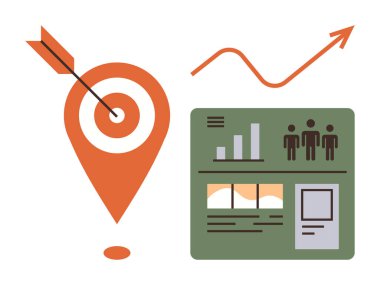 Ok hedefi lokasyon pimi, büyüme çizgisi ve grafik ve rakamlarla vuruyor. Pazarlama, strateji, analitik, iş büyümesi, hedef belirleme ve planlama için idealdir. Basit düz