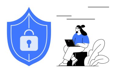 Siber güvenlik kavramı. Siber güvenlik kalkanı koruması, dizüstü bilgisayarında güvenli online aktiviteler yapan bir kadınla birlikte. Veri güvenliği, mahremiyet ve iletişim uygulamaları için siber güvenlik. Temalar