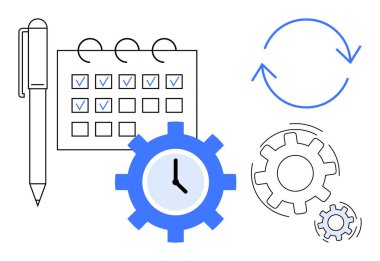 İşaretli bir takvimin yanında kalem, saati ve dairesel işlem okları verimliliği, zamanlamayı, iş akışını, görev yönetimini, mühlet takibini, verimliliği ve organizasyonu simgeler. Basit düz