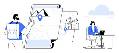 Seyahat konsepti. Seyahat, dijital haritalama ve keşfetme kolaylığını birleştirir. Seyahat araçları seyahat planlama, navigasyon ve bağlantıları optimize eder. Turizm, uygulamalar, macera, uzak çalışma için